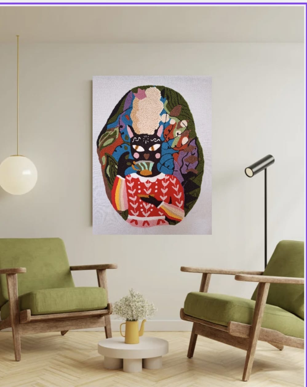 El yapımı çerçeveli punch tablo (Gizemli kedi figürü )