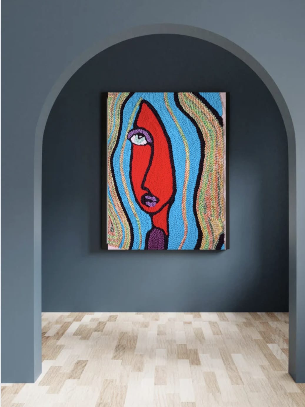 El yapımı çerçeveli punch tablo (Kırmız kadın yüz)